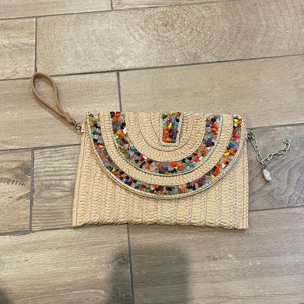 Multicolored Beaded Tan Clutch